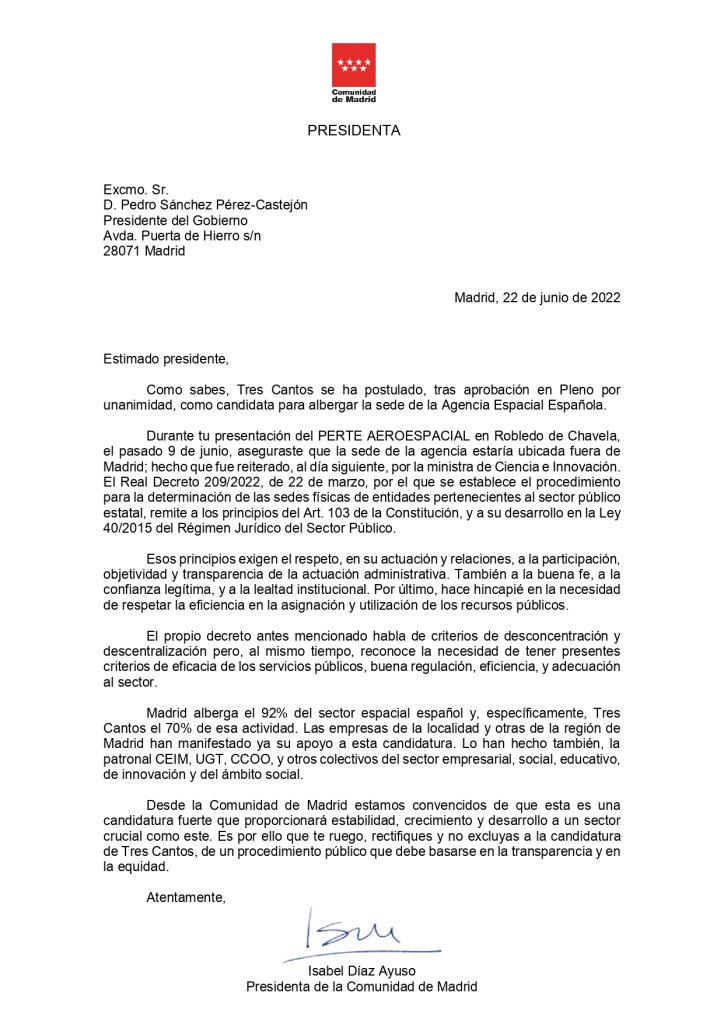 Ayuso no se rinde y mantiene la candidatura de Tres Cantos como sede de la Agencia Espacial Española 5